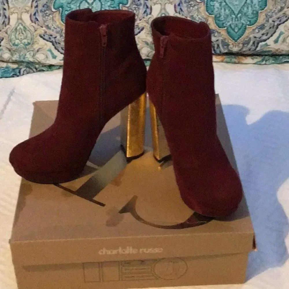 Charlotte Russe burgundy suede gold heel boots
